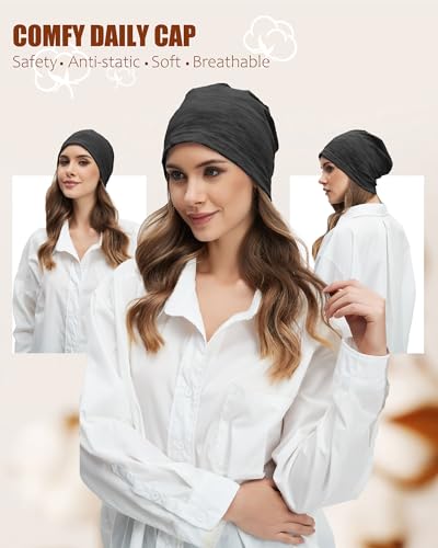100% Cotton Thin Summer Slouchy Beanie Hat for Women Men Chemo Cap - color: 2pcs Black, size: Large