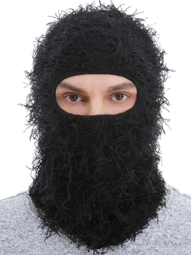 ROXUN Distressed Ski Mask Balaclava, Yeat Shiesty Fluffy Knitted Full Face - color: 01- Black