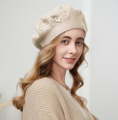 Flower Embroidery Beret Hat for Women, French Style Knitted Beret Hats, Stylish Solid Color Beret Cap for Women Girls Lady - color: Beige