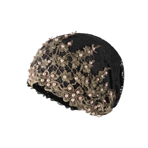 haozaikeji Women Flower Turban Hat Rhinestones Muslim Islamic Head Wrap African Pearl Turban Soft Stretchy Head Cover - color: Black