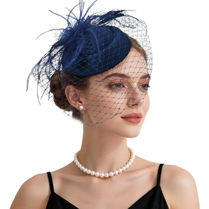 Fascinator Hat Veil Feather Fascinator Tea Party Bridal Wedding Veil Retro Hat Pillbox Hat - color: Navy Blue