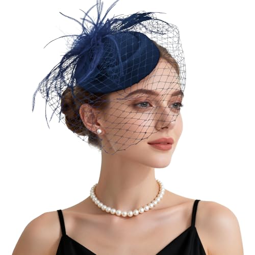 Fascinator Hat Veil Feather Fascinator Tea Party Bridal Wedding Veil Retro Hat Pillbox Hat - color: Navy Blue