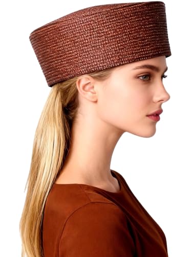 HIMESPORT Straw Pillbox Hats for Women Ladies Elegant Wedding Formal Church Tea Party Cocktail Hat - color: Brown
