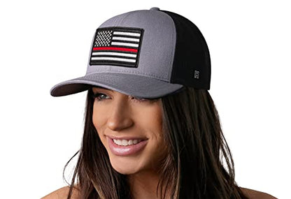 HAKA American Flag Hat | USA Mesh Trucker Snapback Comfort Baseball Cap - color: Gray & Black, style: Thin Red Line - (White Stripes)