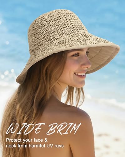 Sun Hats for Women, Summer Beach Straw Wide Brim Bucket Hat - color: Beige, size: Large