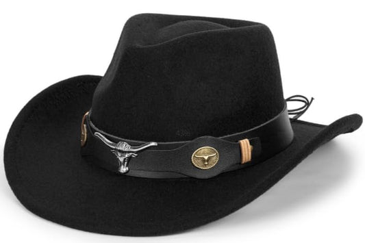 Wide Brim Men and Women's Western Cowboy Hat Fedora-Jazz-Hat with Bull Head Band Decoration