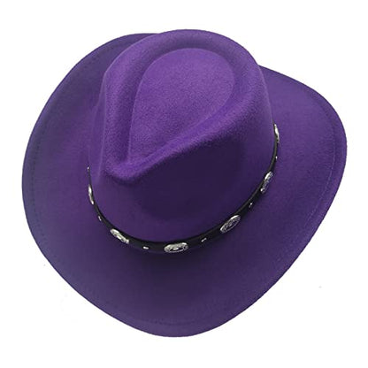 Classic Western Cowboy Hat Cowgirl Hat Unisex Men's & Women's Wide Brim Felt Fedora Hat Flat Top with Buckle Belt - color: Purple, size: 7-7 1/4