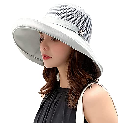 Women Wide Brim Sun Hats Metal Wired Edge Summer UV Protection Beach Fishing Hat for Hiking Garden Travel Chin Strap - color: B4-fyu001-lightgray, size: One Size