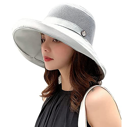 Women Wide Brim Sun Hats Metal Wired Edge Summer UV Protection Beach Fishing Hat for Hiking Garden Travel Chin Strap - color: B4-fyu001-lightgray, size: One Size