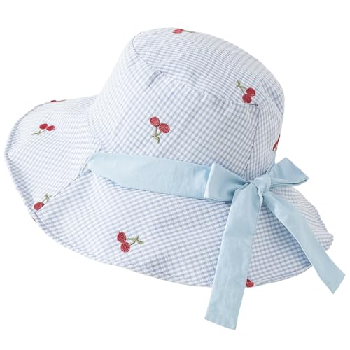 Women's Reversible Bucket Sun Hat with Cherries Embroidered Pattern, UPF 50+ UV Protection, Water Resistant for Beach Hiking - color: Light Blue