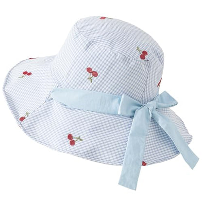 Women's Reversible Bucket Sun Hat with Cherries Embroidered Pattern, UPF 50+ UV Protection, Water Resistant for Beach Hiking - color: Light Blue