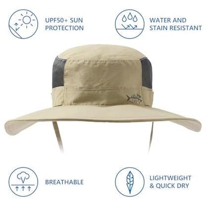 BASSDASH UPF 50+ Fishing Sun Hat Water Resistant Unisex Wide Brim Bucket Boonie Hat for Hiking Camping Safari FH15 - color: Khaki, size: Medium