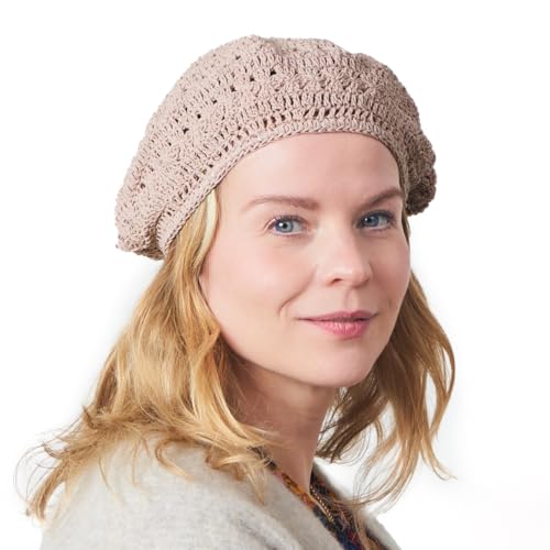 CHARM Womens Mens French Beret Hat - Hand Knit 100% Cotton Crochet Caps Girl Scouts-Bohemian Style Summer Beanie - color: Pink Beige