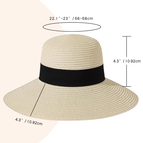 Beach Hat for Women, Wide Brim Sun Straw, UPF 50+ Foldable Floppy Sun Hat - color: A-beige