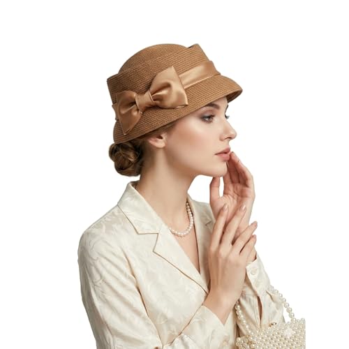 Women’s Vintage Straw Cloche Church Hat with Satin Bow | Elegant Bowler Bucket Hat for Tea Party Wedding Garden Formal Events - color: Khaki