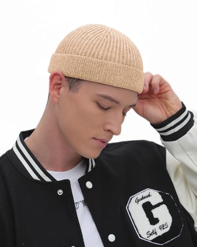 ROYBENS Thin Swag Wool Short Fisherman Beanie for Men Women Knit Winter Hat - color: 1pcs-apricot