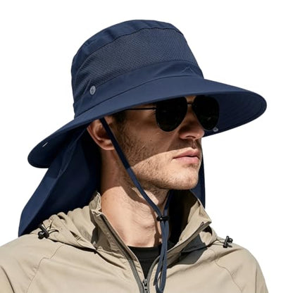 Outdoor Sun Hats with Stowable Neck Flap for Men Women UPF 50+ Mesh Summer Bucket Hat Wide Brim for Fishing Safari Hiking - color: Navy Blue