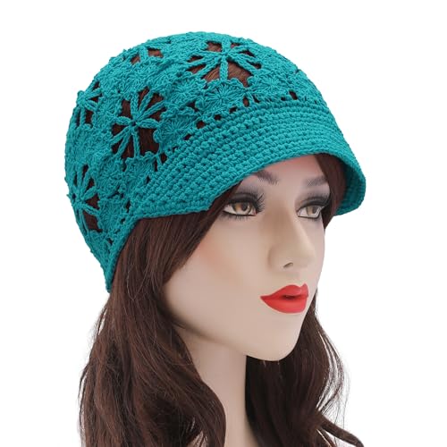 ZLYC Women Summer Slouchy Crochet Hat Handmade Cutout Skull Cap with Visor - color: Plain Peacock Blue, size: One Size