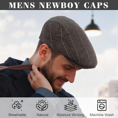 Senker Fashion 2 Pack Newsboy Cap for Men, Wool Blend Tweed Flat Cap - color: Black Brown