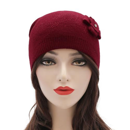 ZLYC Women Floral Slouchy Beanie Hat Double Layer Winter Knit Skull Cap - color: Floral Red