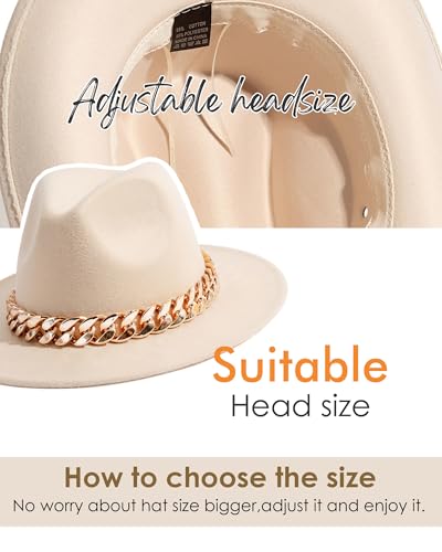 Men & Women Wide Brim Fedora Hat with Chain Buckle - color: Chain Belt-beige