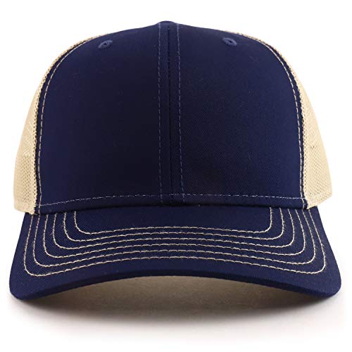 Armycrew Oversize XXL Low Profile Two Tone Mesh Back Trucker Baseball Cap - color: Navy Khaki