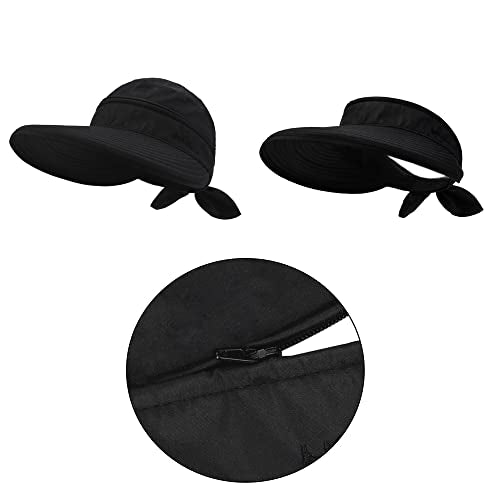 Womens Large Brim Sun Hat Uv Protection 2 in 1 Zip-Off Sun Protection Visor Beach Hat Packbale Foldable - color: Black