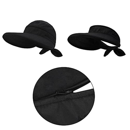 Womens Large Brim Sun Hat Uv Protection 2 in 1 Zip-Off Sun Protection Visor Beach Hat Packbale Foldable - color: Black