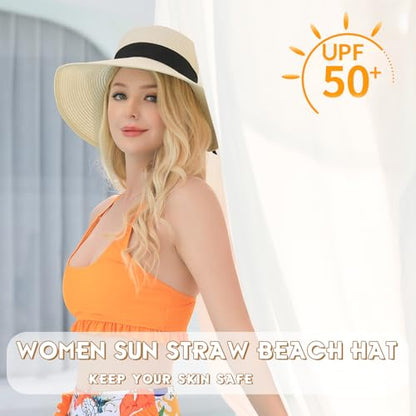 Beach Hat for Women, Wide Brim Sun Straw, UPF 50+ Foldable Floppy Sun Hat - color: A-beige