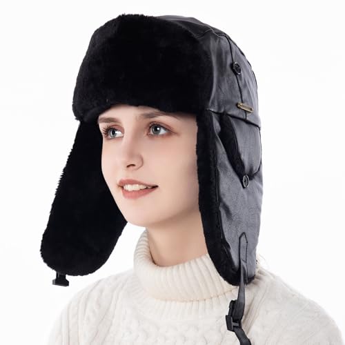 Unisex Winter Leather Trapper Hat with PU Coating for Hunting Skiing Trooper Winter Outdoor Activities - color: Light Black, size: Medium-Large