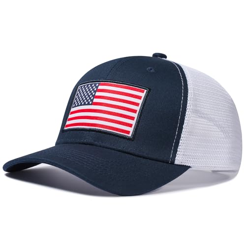 American Flag Trucker Hat, Patriotic Baseball Cap for Men & Women, Breathable Mesh Adjustable Snapback, USA Flag Patch - color: Navy/White