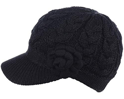 BYOS Womens Winter Chic Cable Warm Fleece Lined Crochet Knit Hat W/Visor Newsboy Cabbie Cap - color: Cable W/ Flower Black