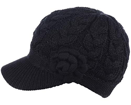 BYOS Womens Winter Chic Cable Warm Fleece Lined Crochet Knit Hat W/Visor Newsboy Cabbie Cap - color: Cable W/ Flower Black