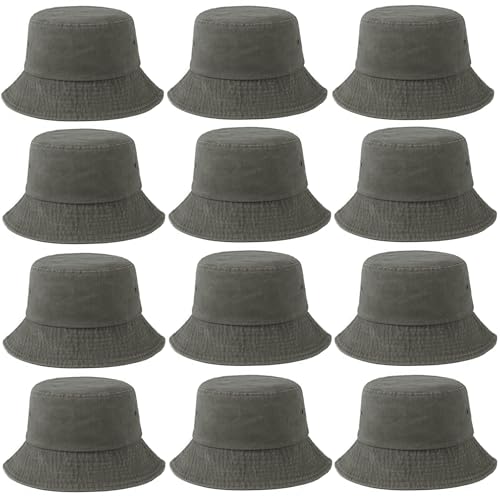 12 Pieces Vintage Washed Distressed Bucket Hat for Women Men Summer Twill Plain Bucket Cap - color: Gray