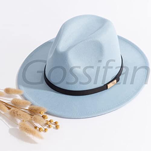 Fedora Hats for Men Wide Brim Panama Hat with Classic Belt - color: Sky Blue