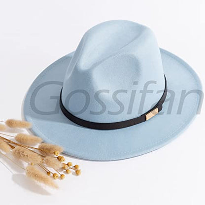Fedora Hats for Men Wide Brim Panama Hat with Classic Belt - color: Sky Blue