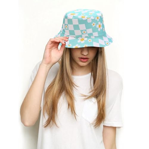 Bucket Hat for Women Men, Cotton Reversible Double Side Wear Sun Hats Beach Fisherman Hat - color: Small Checkered Flowers Blue