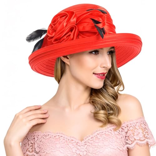 Ruphedy Women Derby Church Dress Bucket Hat Fascinators Tea Party Wedding Hat - color: Sd702-red