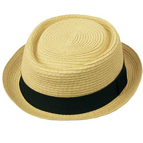 Men's Fancy Summer Straw Pork Pie Derby Fedora Upturn Brim Hat - color: F1857natural, size: Small-Medium