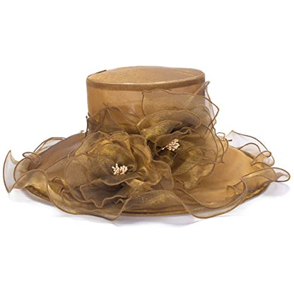 Lawliet Womens Dressy Wide Brim Church Wedding Occasion Sun Hat A613 - color: Gold