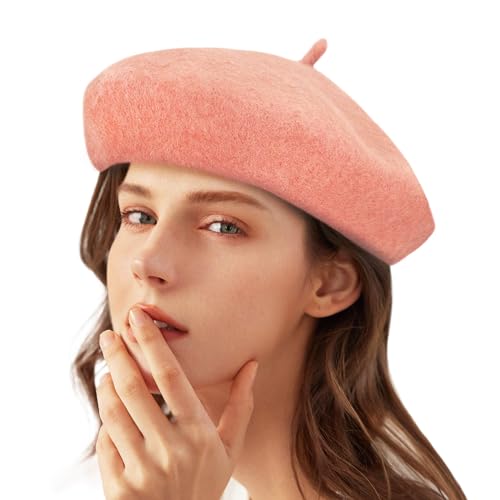 Gllutt Women Wool Beret Hat French Style Solid Color - color: Salmon Pink