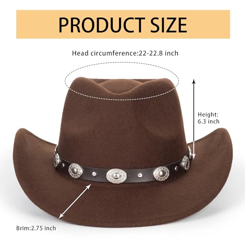 Womens Western Cowboy Hats Studded Pinched Cowgirl Hats Wide Brim Fedoras - color: Coffee - Round Rivets