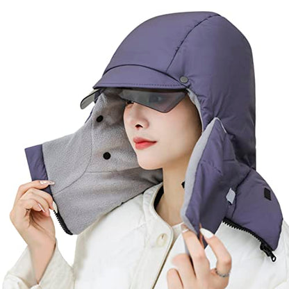 4 in 1 Ski Trapper Hat with Hooded Windproof Face Mask Thermal Plush Fleece Lined Trapper Hat Ski Cap - color: Grey