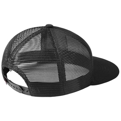 BASSDASH Flat Brim Trucker Cap Adjustable Snapback Hat Mesh Back for Men Women - color: Black Fish Maple Flag