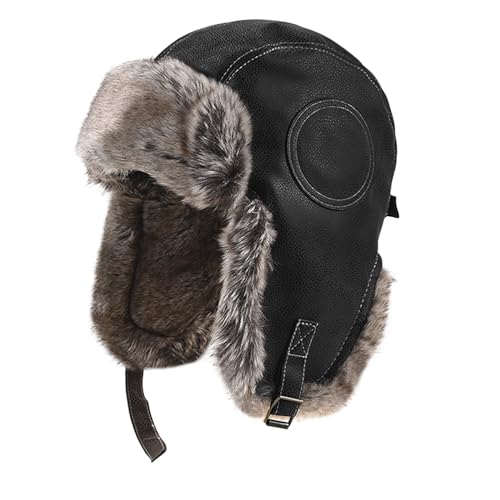 Faux Fur Winter Hat PU Leather Warm Earflap Trapper Hats for Men Women Russian Ushanka Hat Windproof Cycling Ski Cap - color: Black