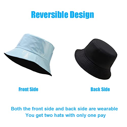Reversible PU Leather Bucket Hats for Women Solid Color Double Wear Summer Hat Unisex - color: Skyblue