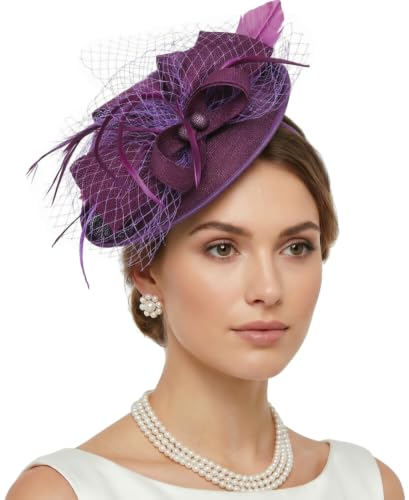 DRESHOW Fascinators Hats for Women Tea Party Hat Vintage Derby Pillbox Kentucky Hat Church Cocktail Headwear - color: 9.5" Diameter / Dark Purple