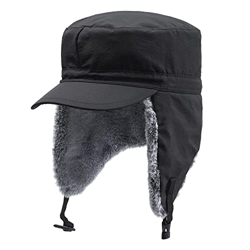 Winter Trapper Hunting Hat,Tweed Ear Flaps Cap,Berber Fleece Lined - color: Black