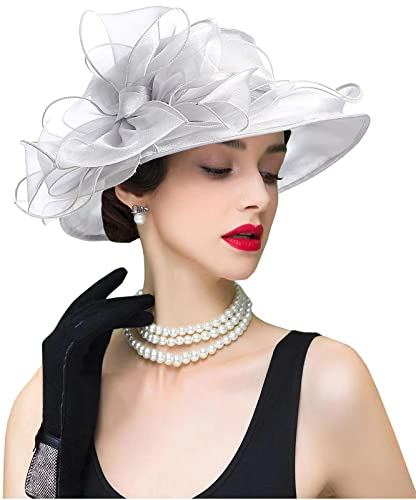 Organza Fascinator Hat - Women’s Wide Brim Church Bridal Tea Party Wedding Hat - color: 01a-silver Gray