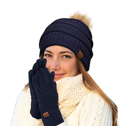 C.C Hatsandscarf Exclusives Unisex Solid Ribbed Beanie with Pom (HAT-43) - color: A Gift Set-navy